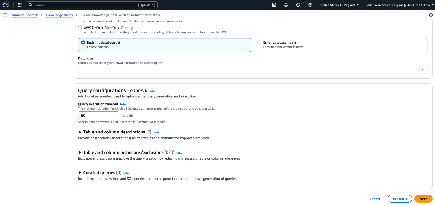 Amazon Bedrock Knowledge Base creation interface showing Redshift database configuration options
