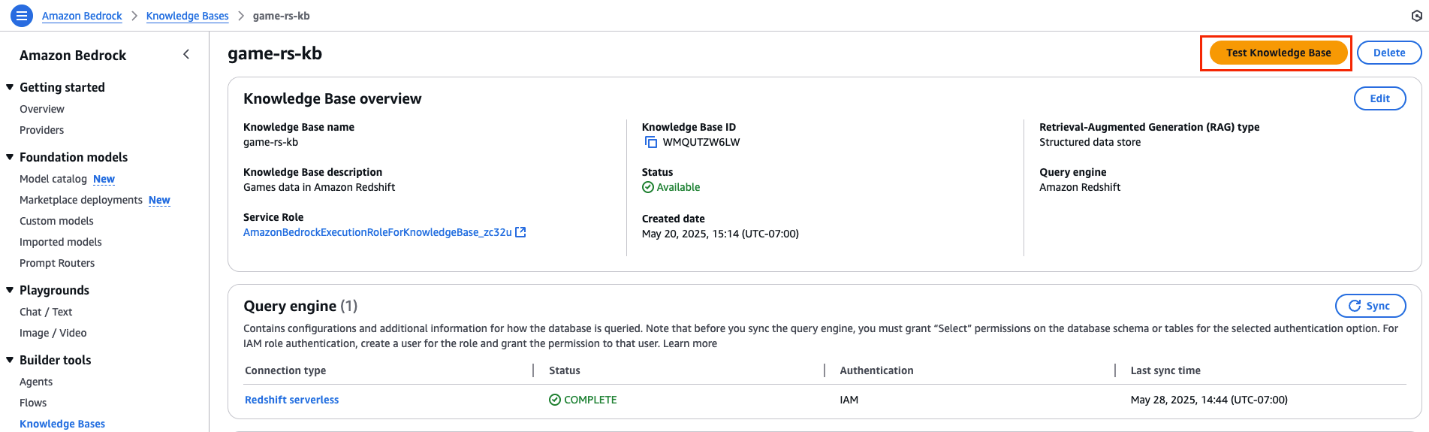 Amazon Bedrock Knowledge Base overview page showing game-rs-kb configuration and status details
