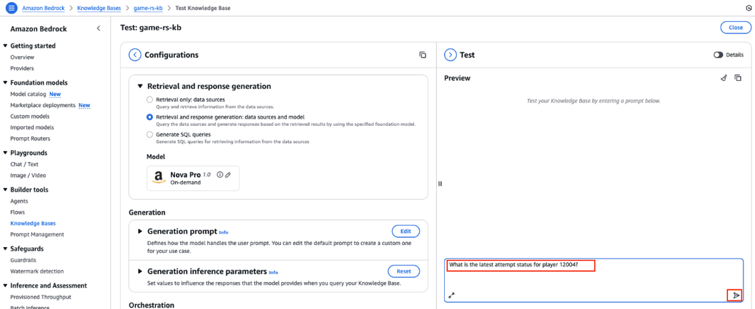Amazon Bedrock Knowledge Base test interface with configuration panel and preview section