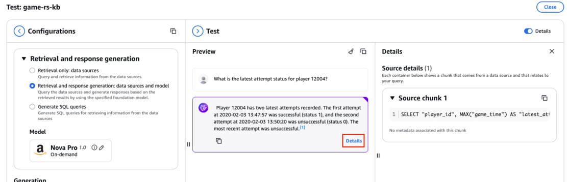 Test results showing AI-generated response with source details for player attempt status query