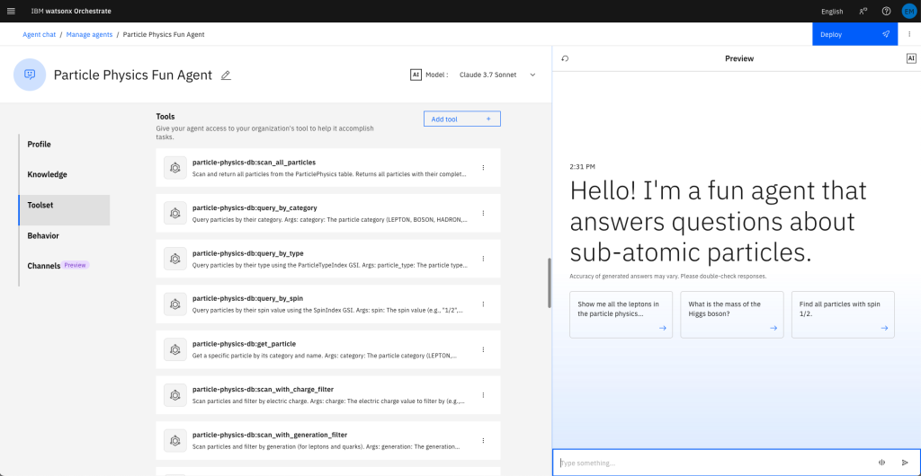 Screenshot of IBM watsonx Orchestrate Agent Builder tool showing tools imported from AgentCore Runtime MCP server available in watsonx Orchestrate.