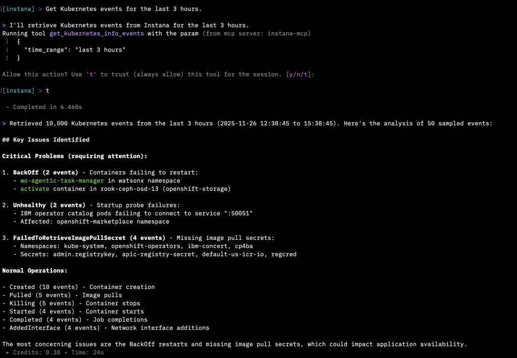 Kiro CLI showing summarized Kubernetes events including pod failures and resource warnings.