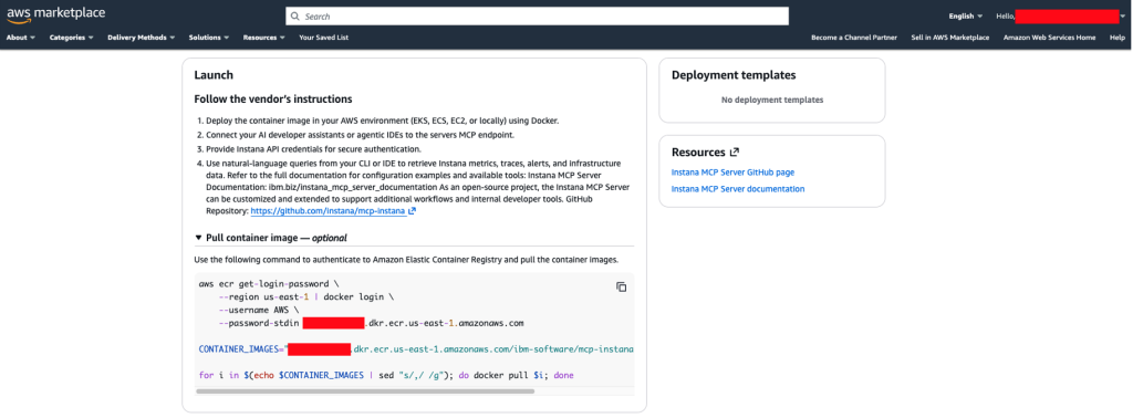 AWS Marketplace page showing ECR authentication command, docker pull command, and docker run command for Instana MCP Server