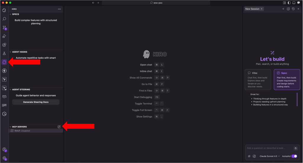 Kiro IDE settings interface with MCP SERVERS section and Enable MCP button highlighted.