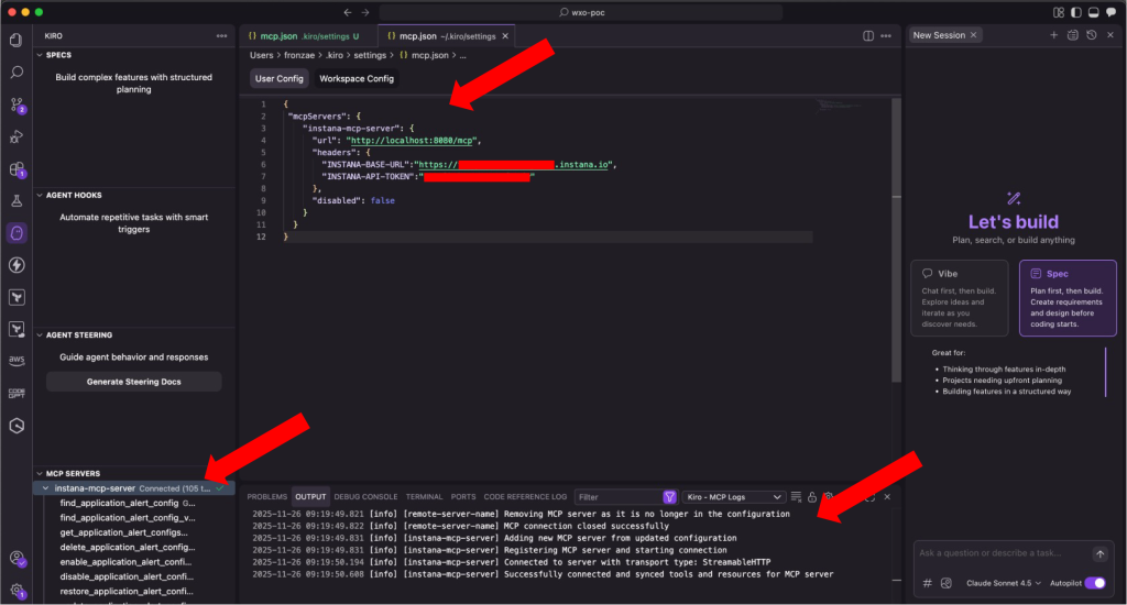 Kiro IDE interface showing connected Instana MCP server with list of available tools in the MCP SERVERS panel.