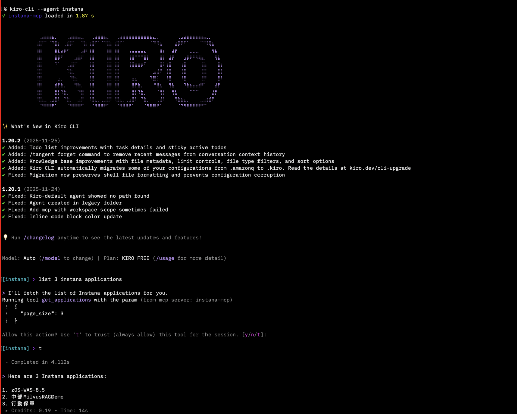 Terminal output showing Kiro CLI custom agent response with list of three Instana applications and their details.