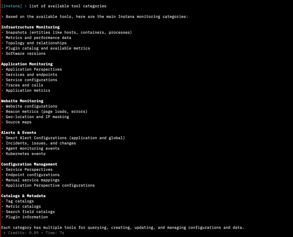 Kiro CLI terminal showing categorized list of Instana MCP tools for monitoring and observability.
