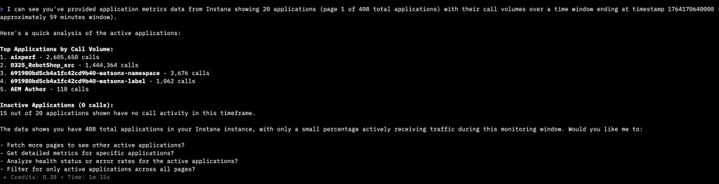 Kiro CLI output showing three Instana applications with health metrics including call rates and latency data.