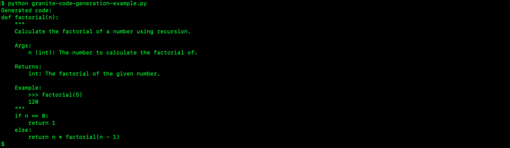 Image shows a Linux terminal with the output of the sample Python code, with Granite 4.0 model generating a factorial function in Python.
