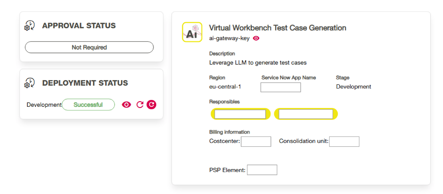Figure 2. Generative platform user interface showing details of the deployed API key and metadata identifiers for the test-generation use case