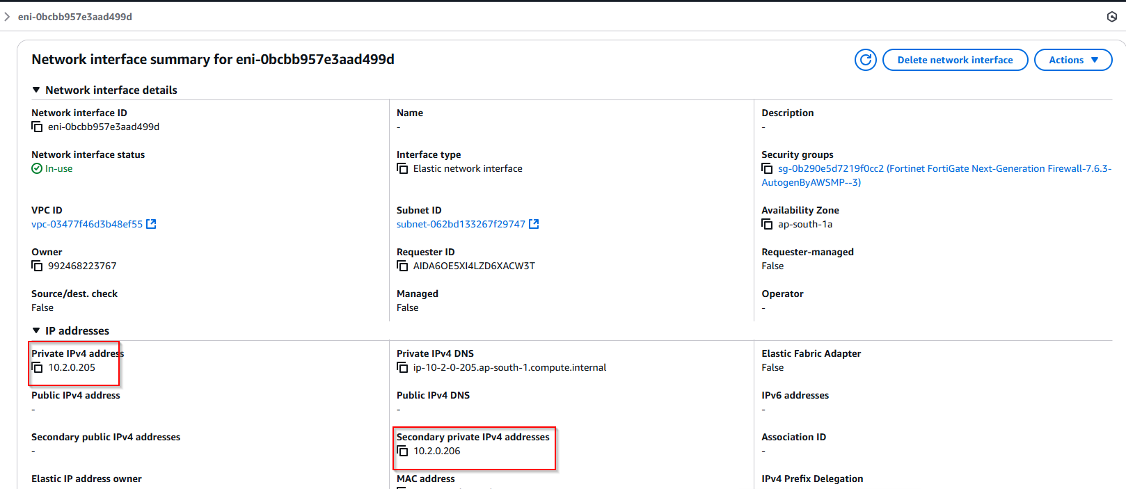 A detailed view of the Amazon EC2 network interface settings showing IP address configuration for the secondary network interface of the FortiGate firewall appliance. The screen displays a section titled 'Private IPv4 addresses' with two IP addresses listed: one marked as 'Primary' with the IP address 10.2.0.205, and another marked as 'Secondary' with the IP address 10.2.0.206.