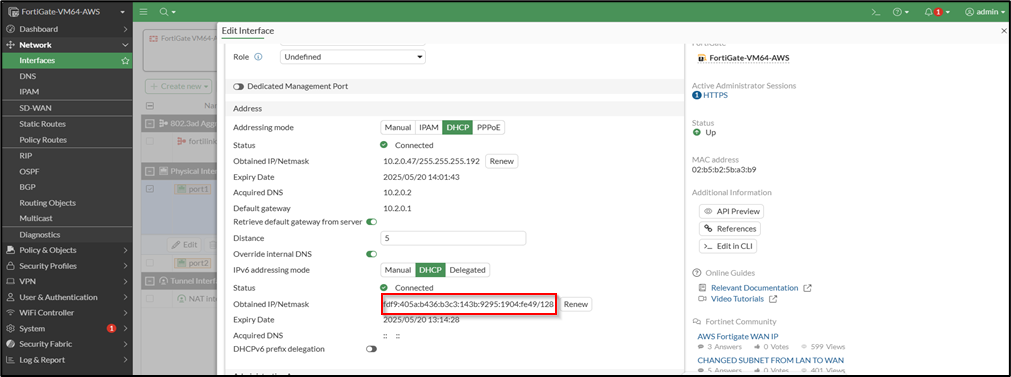 A close-up view of IPv6 configuration settings within the FortiGate interface showing various addressing options for Port1. The screen displays IPv6 addressing mode options on the screen, where 'DHCP' is selected as the addressing mode for automatic IPv6 address assignment from the AWS VPC subnet. Below the addressing mode selection, the interface shows the obtained IPv6 address field displaying the automatically assigned IPv6 address and prefix length that the firewall received through DHCP from the AWS environment.