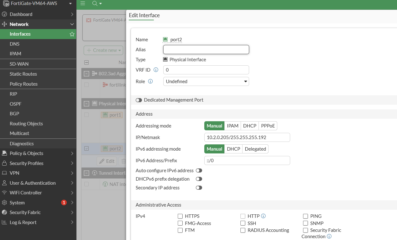 Another FortiGate port configuration screen similar to Port1, but showing settings for 'port2' with manual addressing configuration. The interface displays the same layout with configuration fields for interface name set to 'port2', alias field, type selection, and addressing mode options. The addressing mode is set to 'Manual' for both IPv4 and IPv6 configuration, showing input fields for entering IP addresses and netmask information rather than automatic assignment. In the administrative access section below, all protocol options including HTTPS, HTTP, SSH, PING, and SNMP are unchecked and disabled, indicating that no administrative access is permitted through this interface.