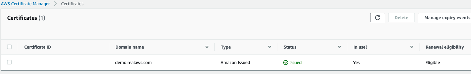 Screenshot from the AWS Certificate Manager showing the issued certificate