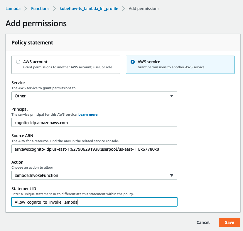 Screenshot of the Lambda Add Permissions dialog demonstrating how to configure it. Specifically, it shows a policy statement for an AWS service, of type Other, where the Principal is set to cognito-idp.amazonaws.com. The Source ARN should be copied from the Cognito console. The Action to allow is lambda:invokeFunction and the suggested Statement ID is Allow_cognito_to_invoke_lambda