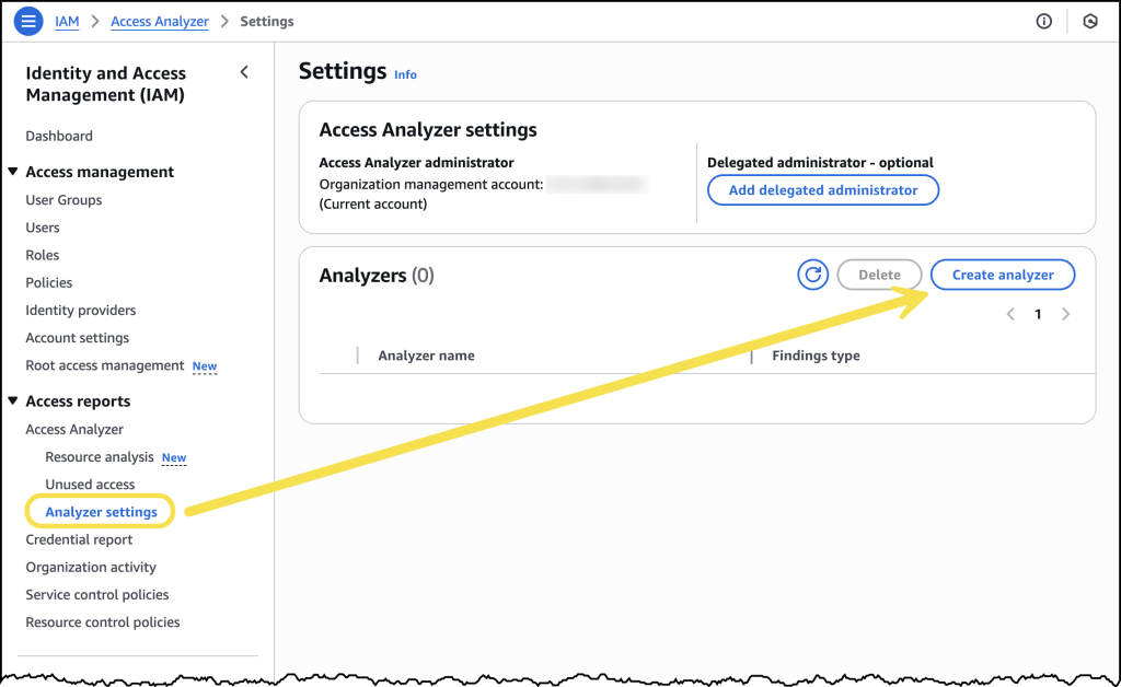 Screenshot of creating an Analyzer in the AWS Console
