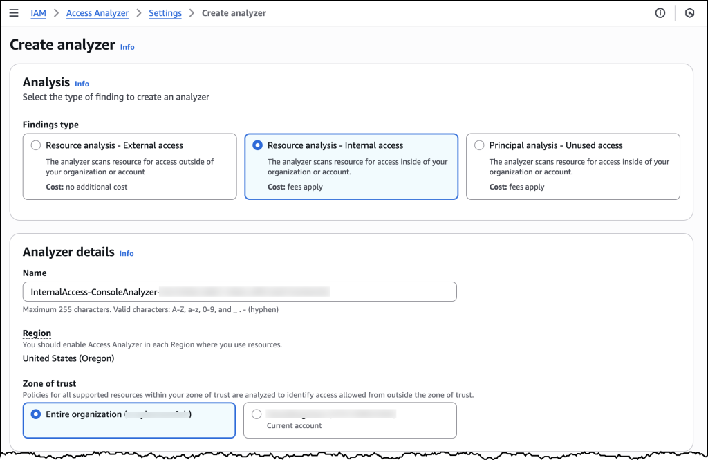 Screenshot of creating an Analyzer in the AWS Console