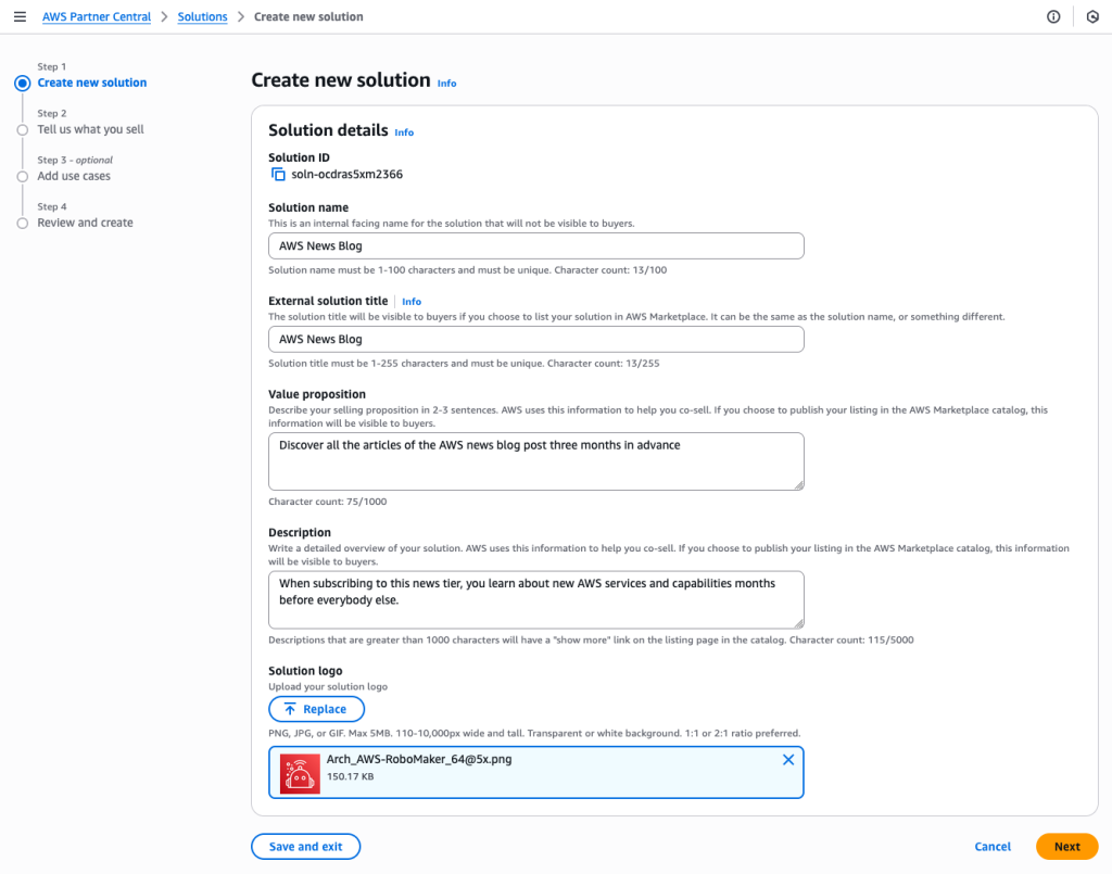 AWS Partner Central - Create solution