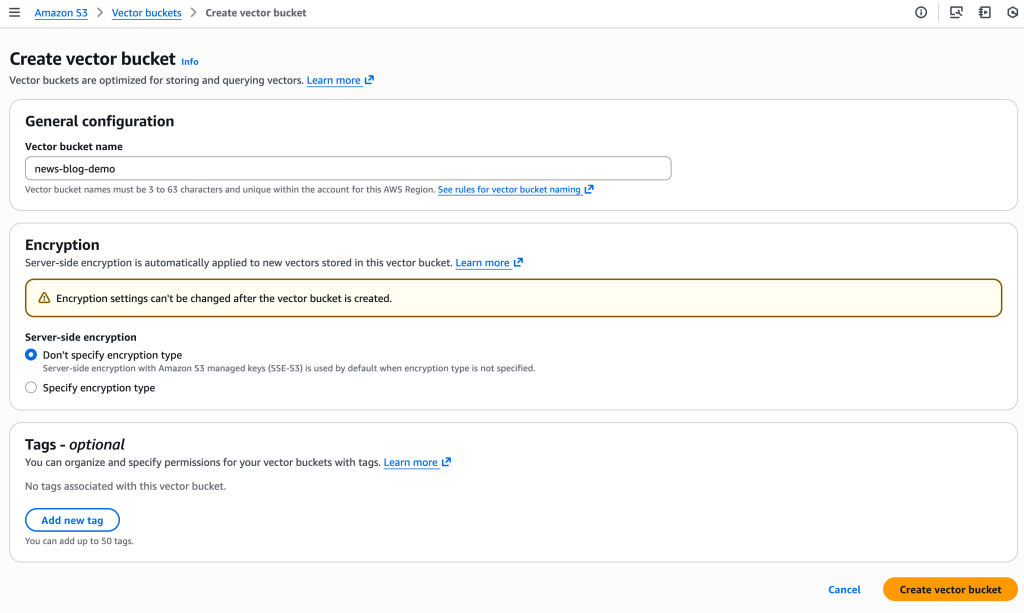 S3 Vector console - create