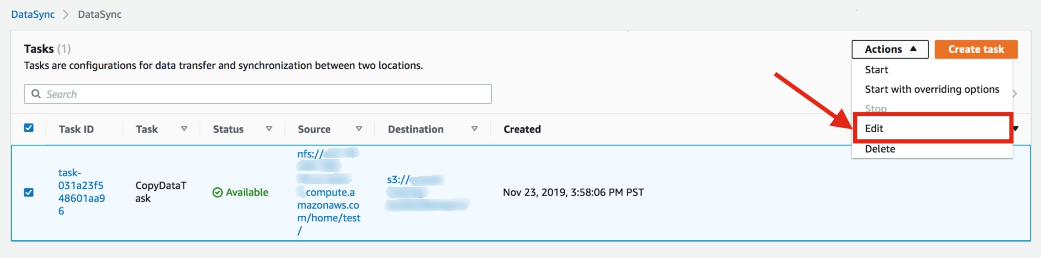 Choose the task for which you want to schedule the transfer, and from Actions choose Edit