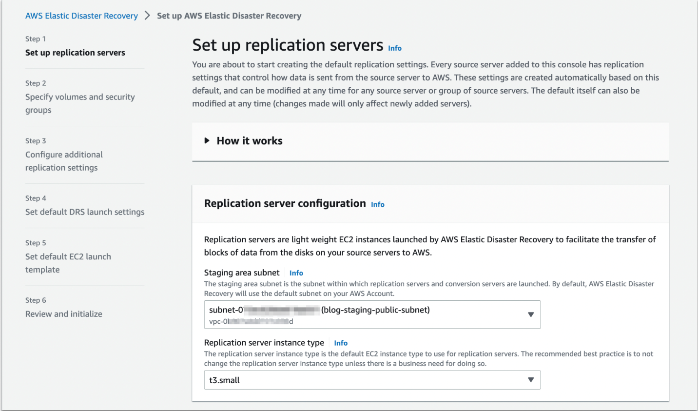 Figure 3 Step 1 of setting up AWS Elastic Disaster Recovery – replication servers