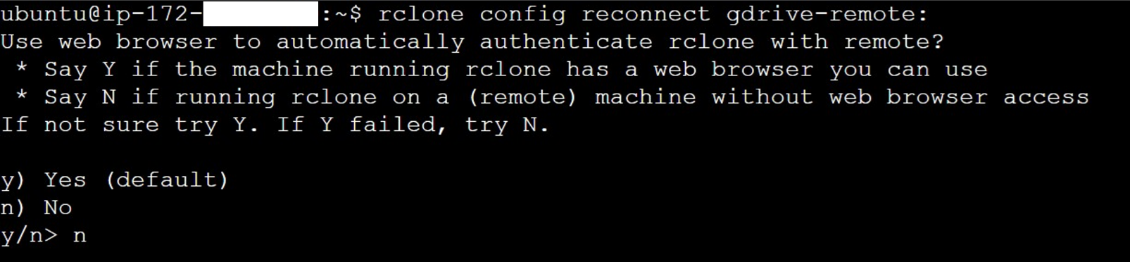 Figure 3 - Configuring rclone to connect to Google Drive remote (GDrive to S3)