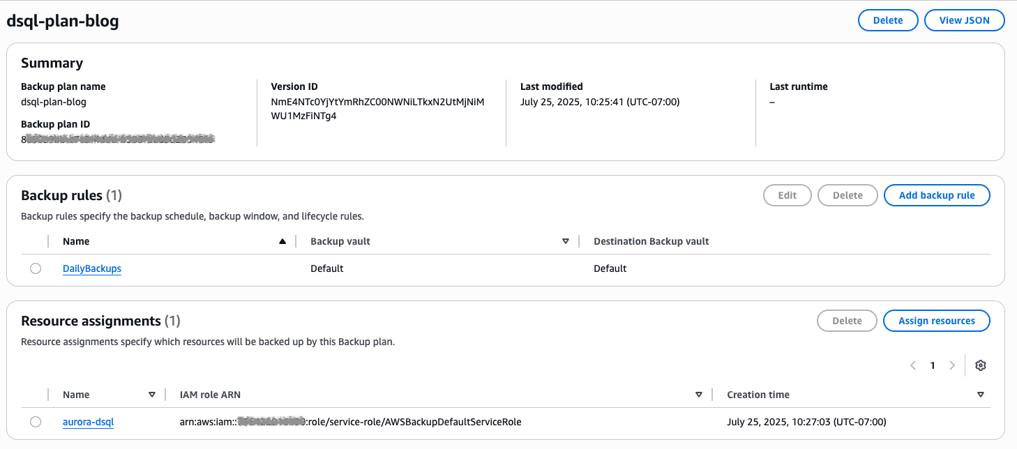 Summary of backup plan with Backup rules and Resource assignments 