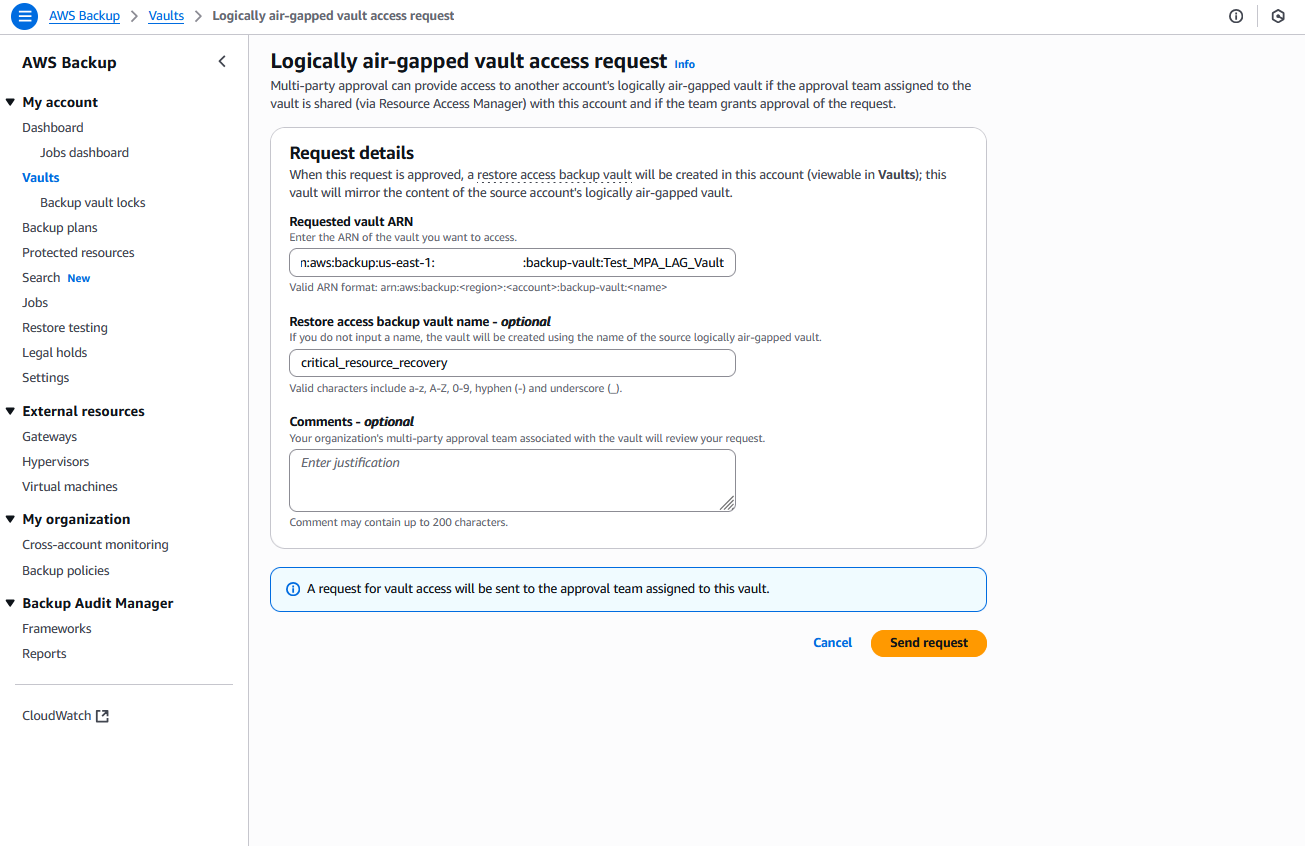 Figure 18- Form to request access to the logically air-gapped vault that you want to recover