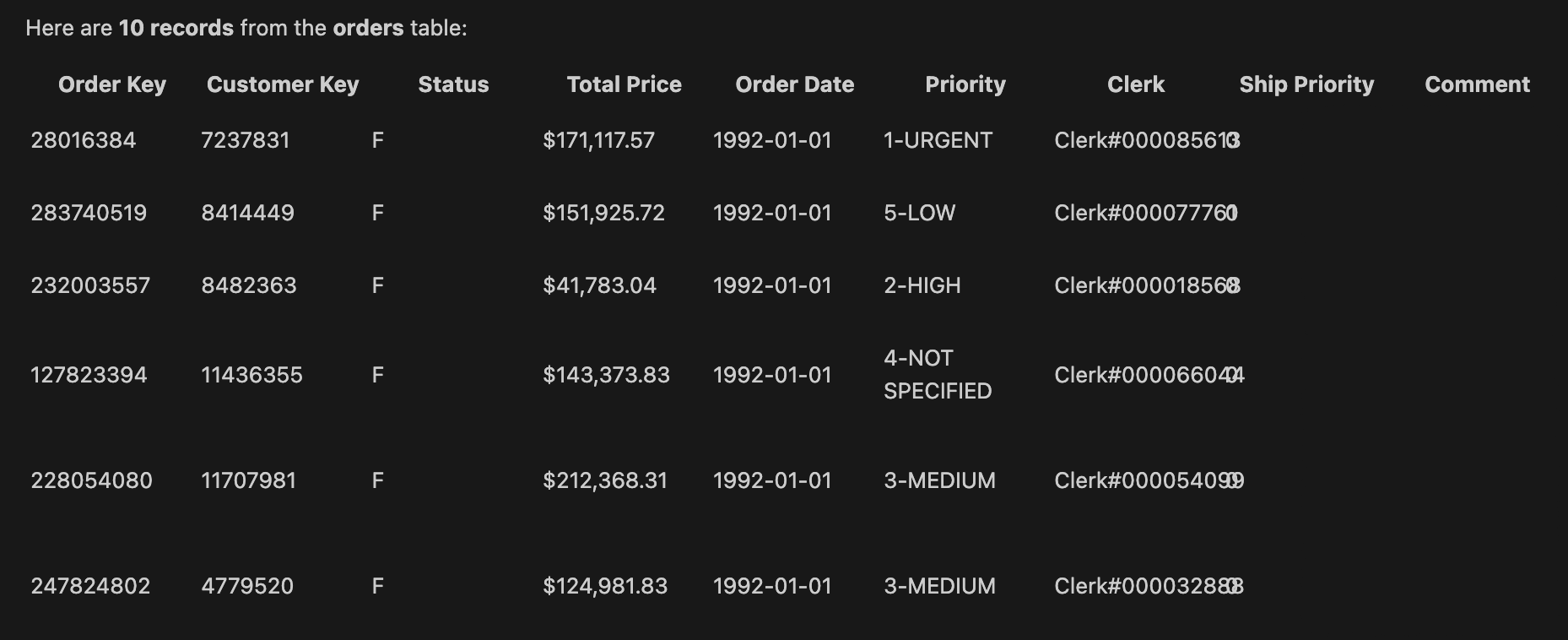 Sample a few records in the table