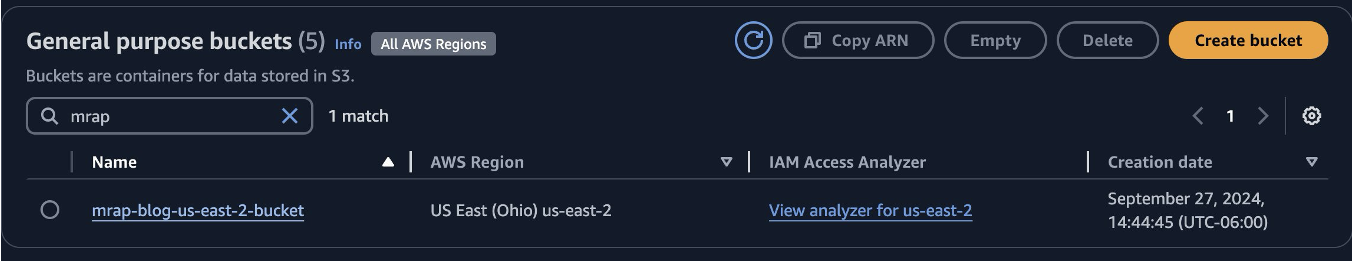 Copy ARN for the bucket added to the S3 Multi-Region Access Point