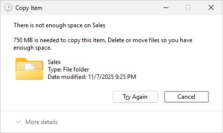 Figure 5: FSRM folder quotas prevent writing into the Sales directory