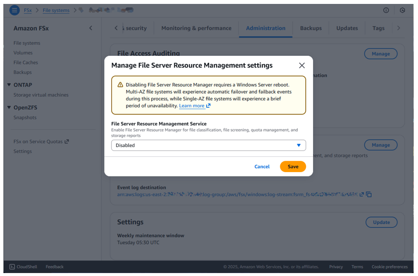 Figure 8: FSRM is disabled in this dialogue box