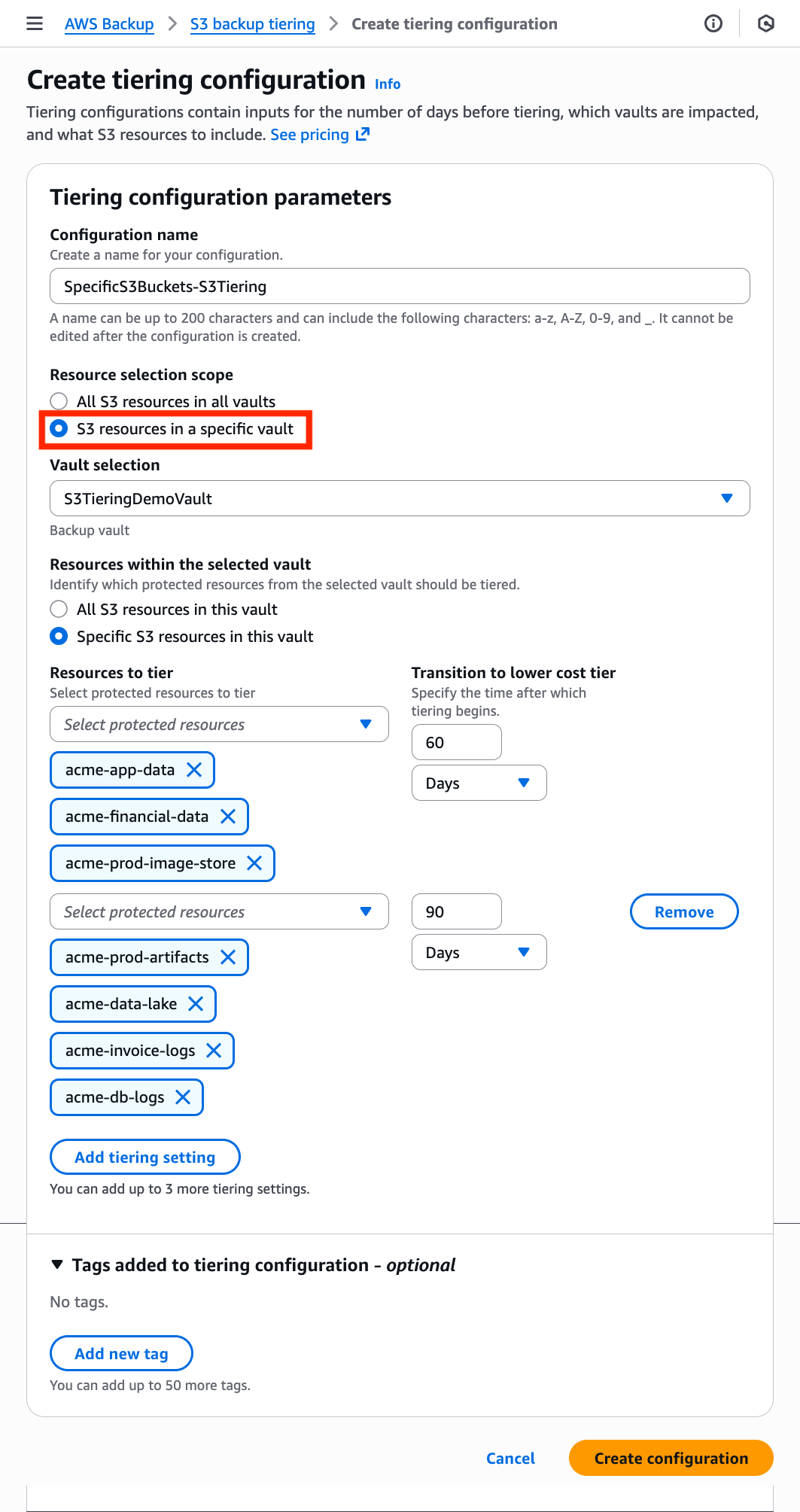 console screenshot showing example tiering configuration with specific Amazon S3 resources within a specific vault