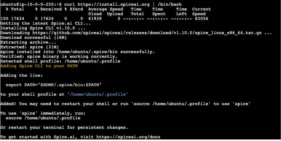 A display of Spice AI CLI installation