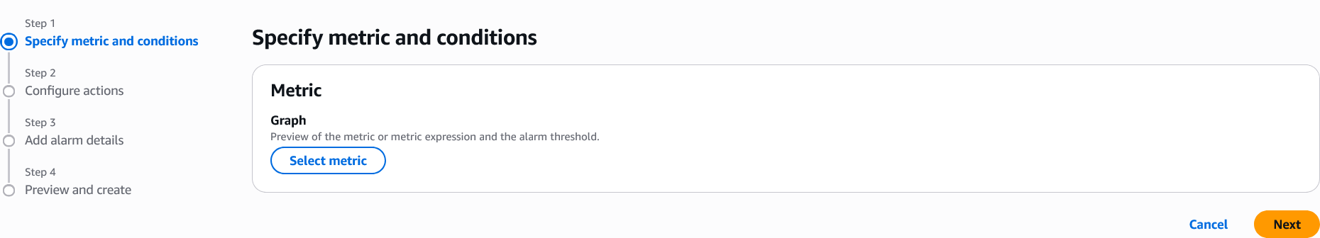 Screenshot of AWS CloudWatch alarm creation wizard at Step 1 of 4, titled 'Specify metric and conditions'. The interface shows a Graph section with a blue 'Select metric' button, navigation circles on the left showing progress through the four steps, and Cancel/Next buttons at the bottom.