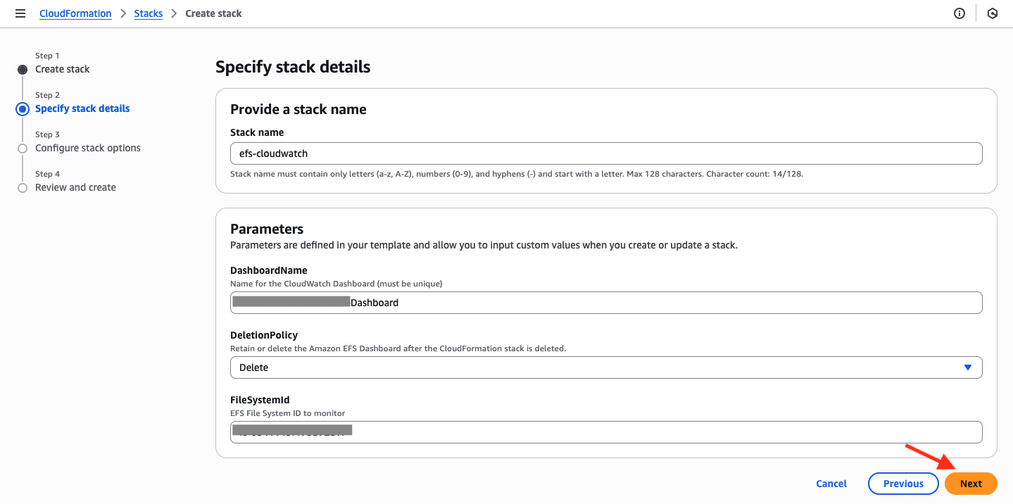 Providing stack name, dashboard name and the EFS file system ID