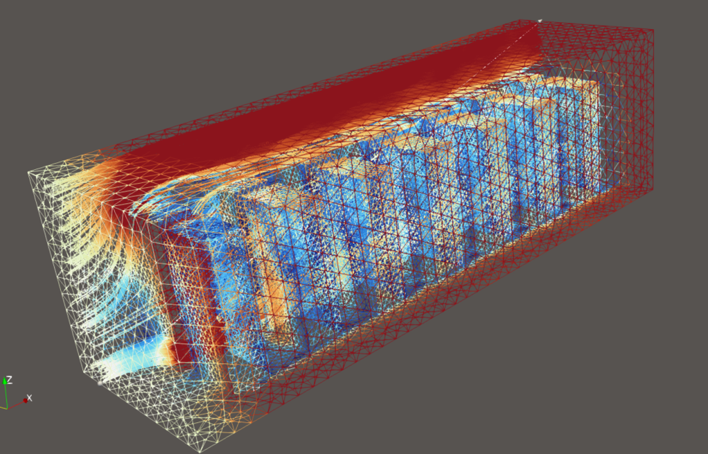 Figure 4 3D visualization of data center rack layout with thermal contours showing temperature distribution and airflow patterns.&nbsp; All inputs and mesh were created via LLM interactions.