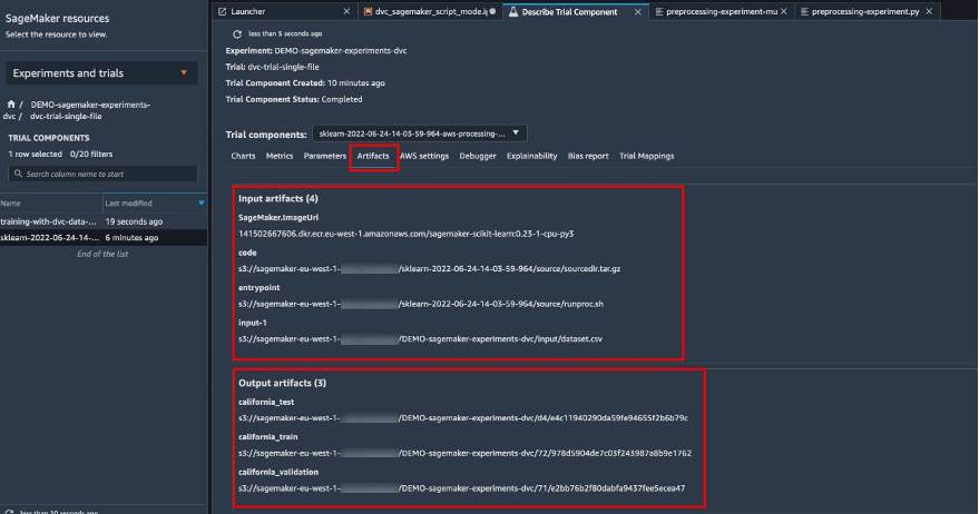 SageMaker Experiments artifacts tab