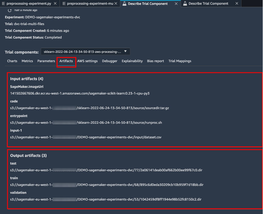 SageMaker multi files experiments artifacts tab