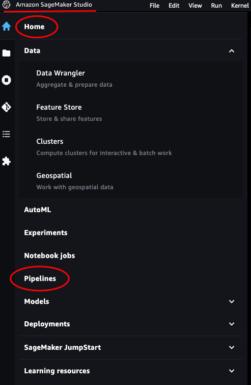 Image of Sagemaker Studio home tab highlighting pipelines option