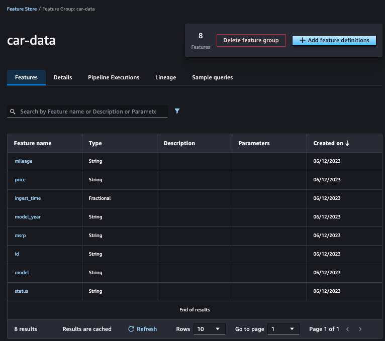 Image of Sagemaker Studio with feature group and the features in the group
