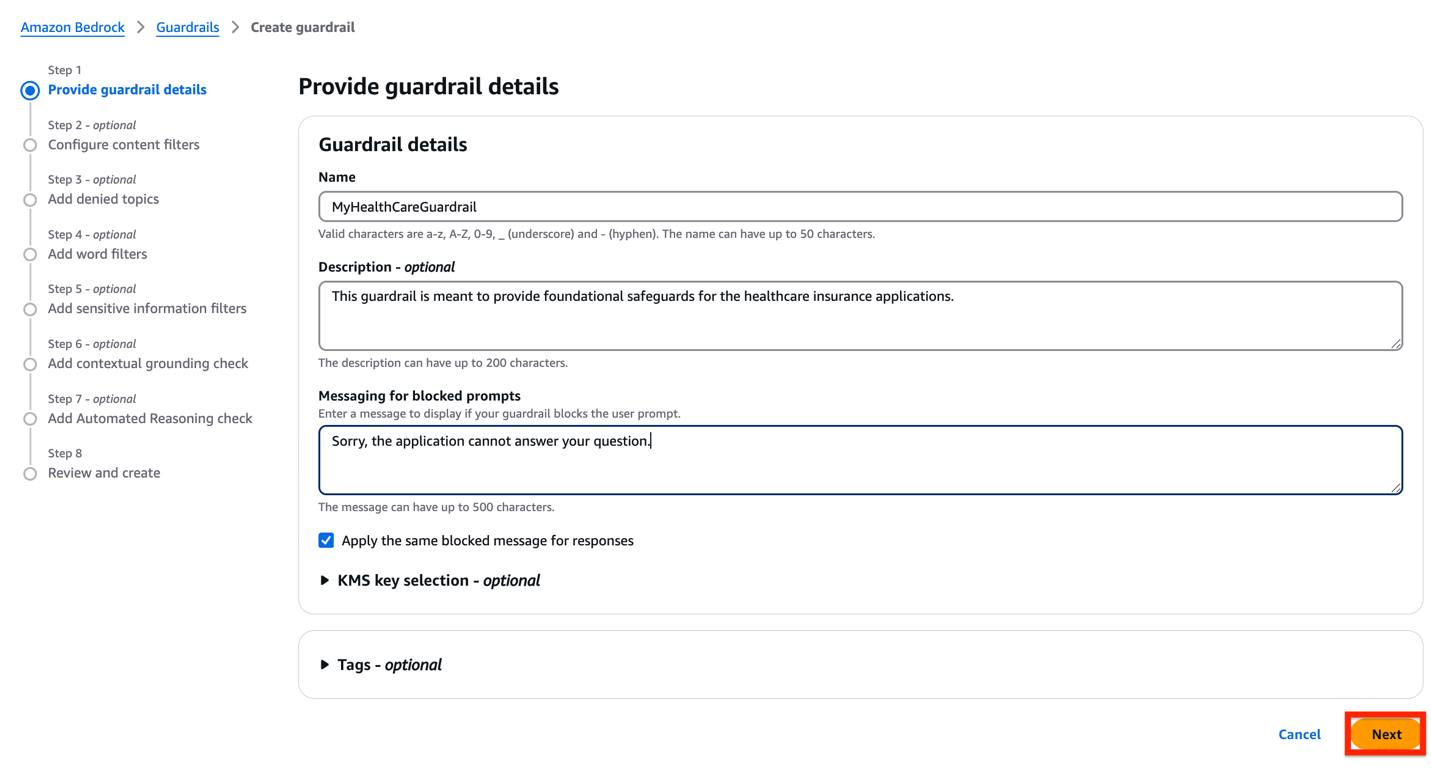 Amazon Bedrock Guardrails configuration interface for MyHealthCareGuardrail with multi-step setup process and customizable options