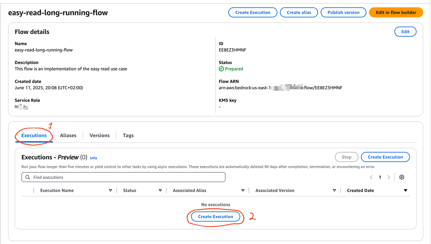 AWS Bedrock Flow details page showing flow configuration and execution status