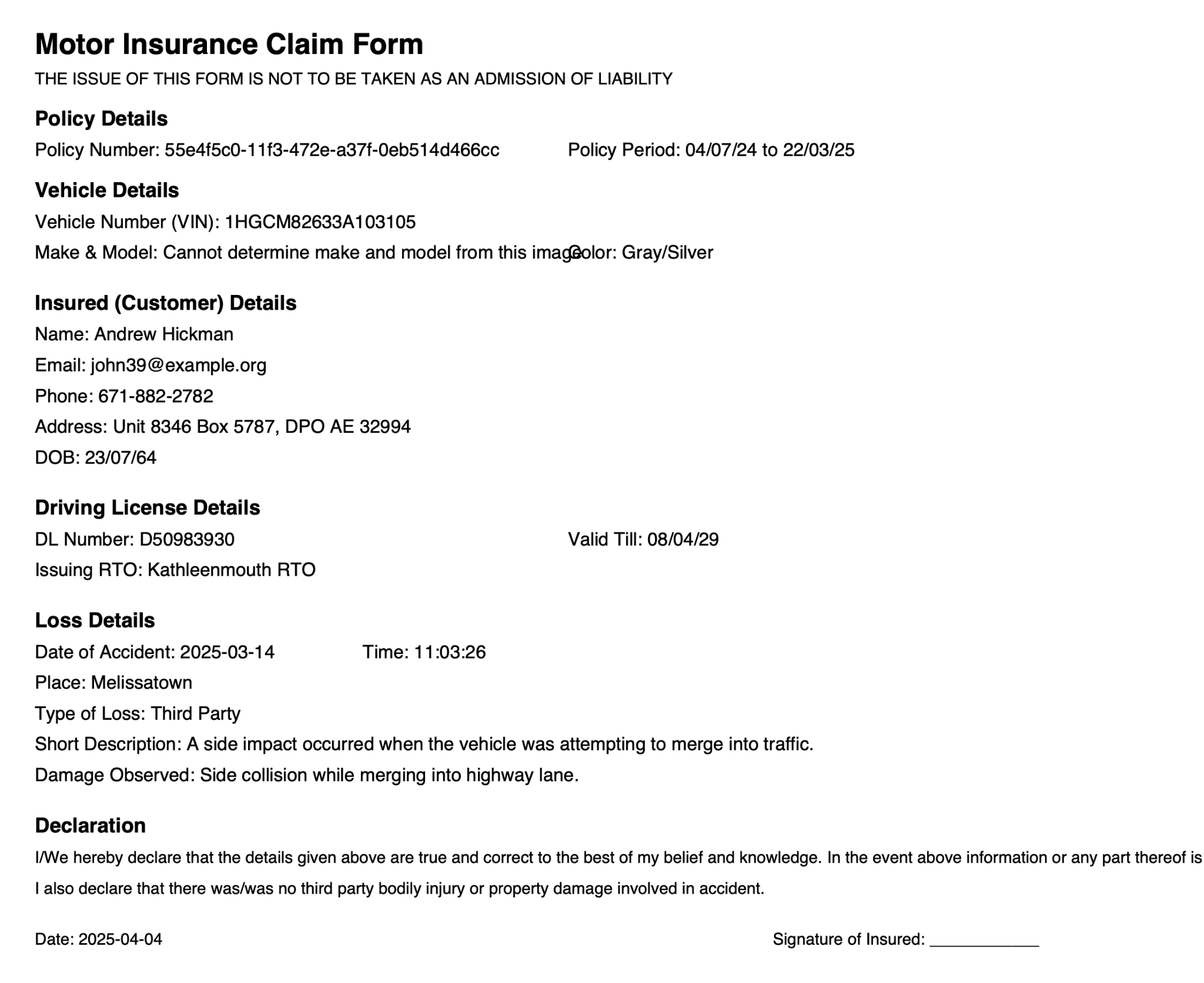 Comprehensive motor insurance claim form template displaying policy details, incident documentation fields, and declaration section for third-party accidents
