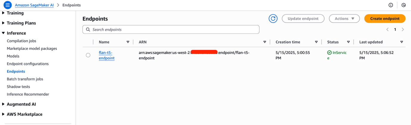 AWS SageMaker console displaying active endpoint with InService status and creation details