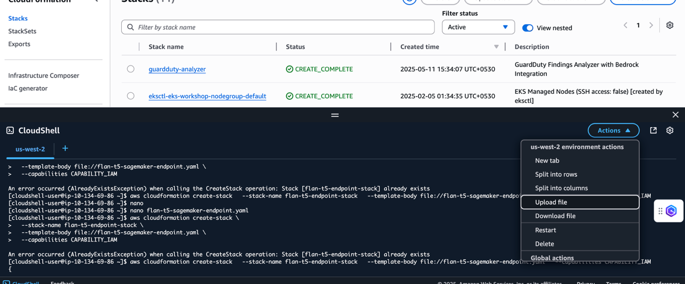 AWS CloudShell terminal window displaying context menu with Upload file option highlighted among other actions