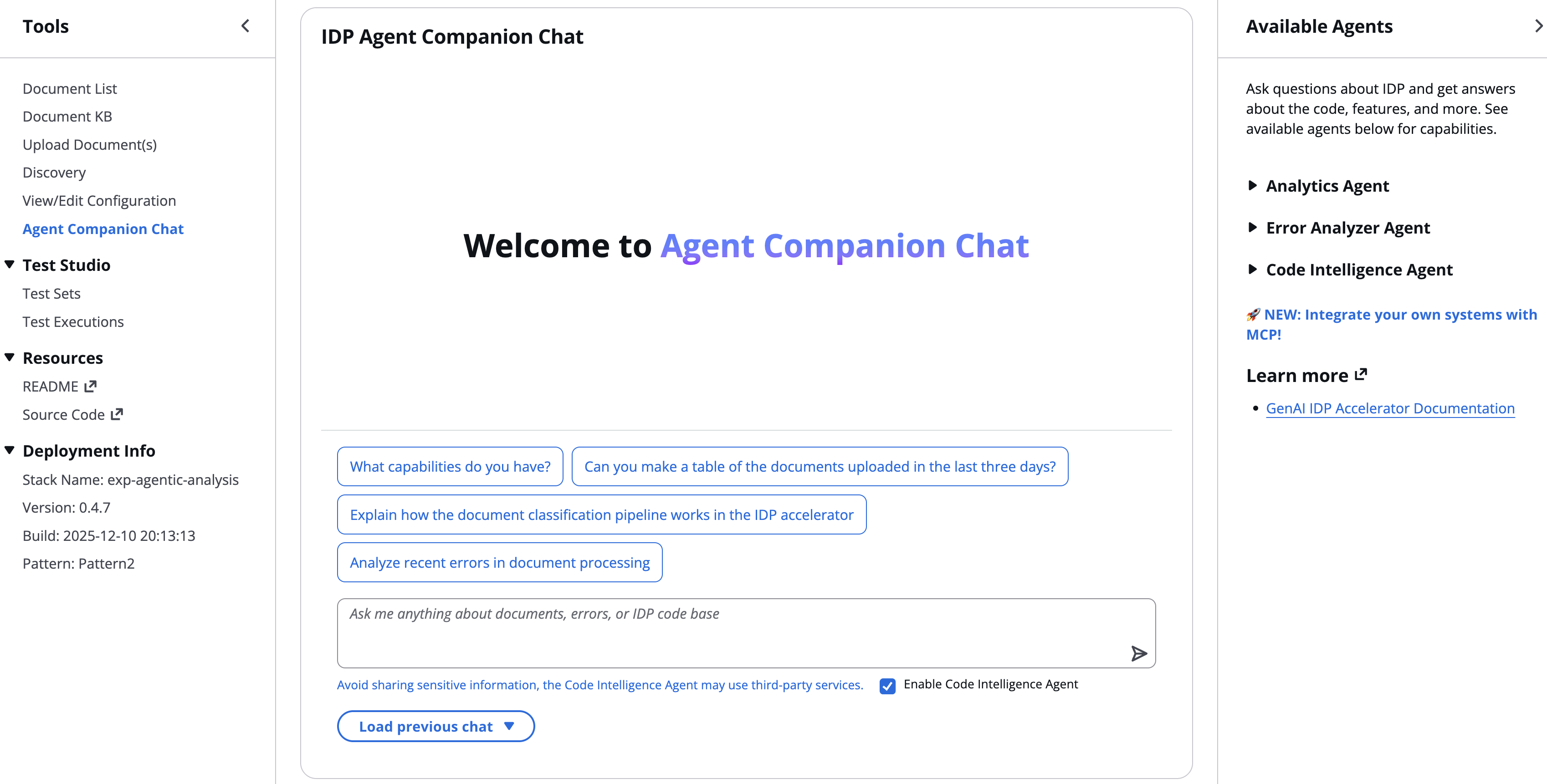 IDP Agent Companion Chat welcome screen showing navigation menu, sample query buttons, and available AI agents panel