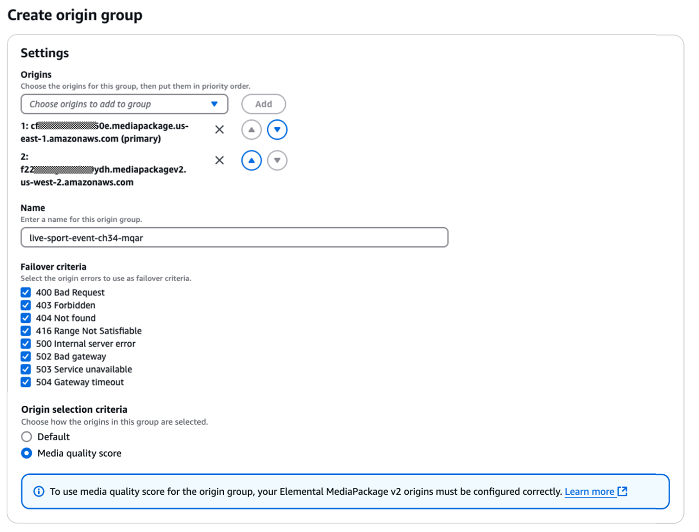 This screen capture shows the CloudFront origin group configuration required to activate origin selection based on MQCS scores.