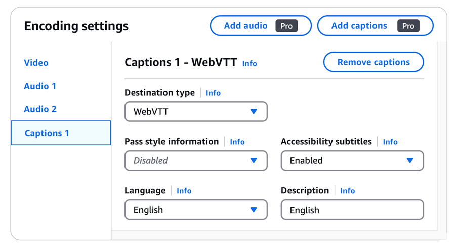 Graphic showing AWS Console UI for AWS Elemental MediaConvert, accessibility caption configuration for output packaging with HLS and DASH, rather than MSS and CMAF previously. Captions 1 is selected, Destination is WebVTT Type with Accessibilty Subtitles, Description set to ‘Enabled’ and Language for this media set to English.