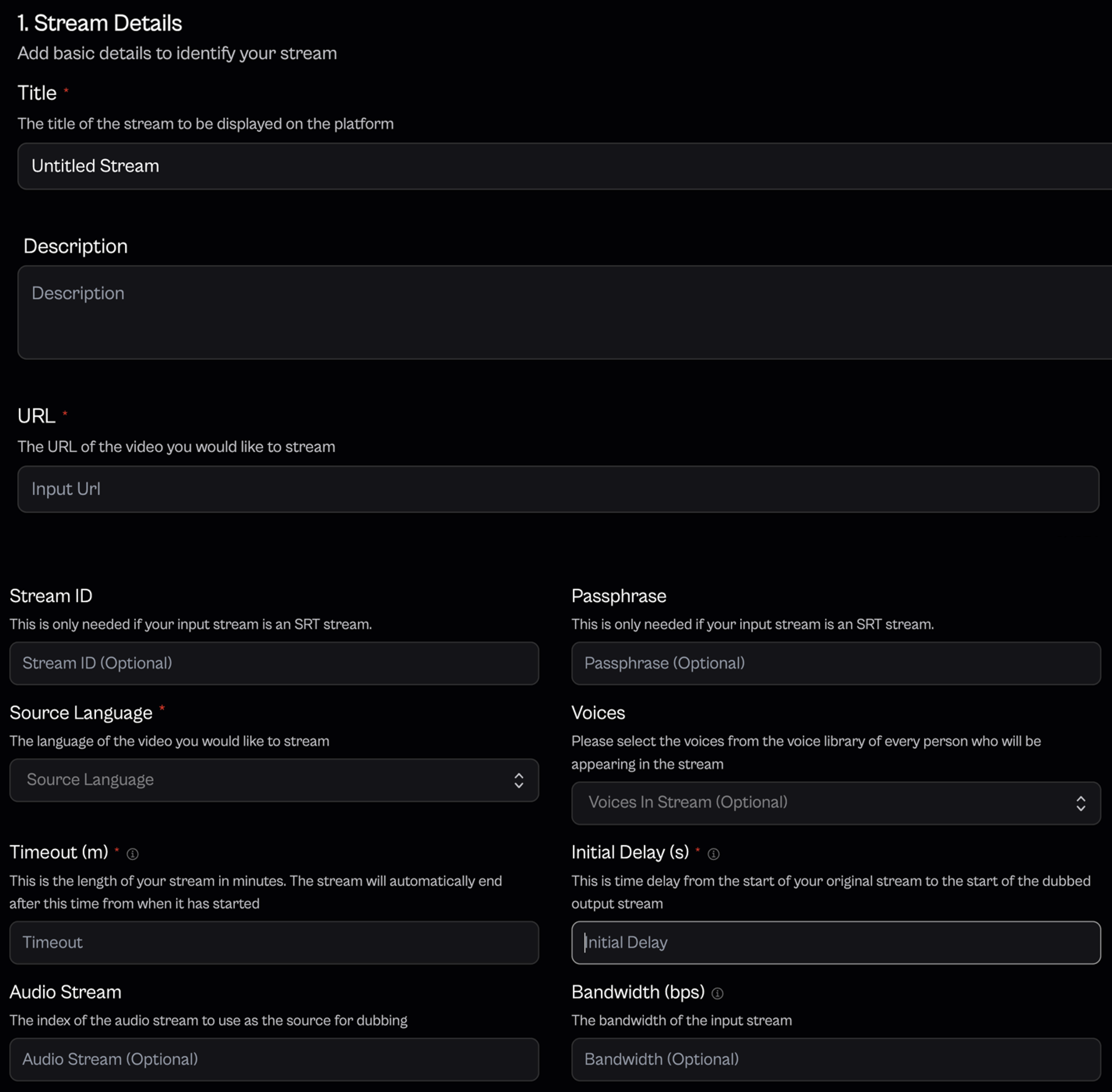 A screenshot of CAMB.AI's stream configuration interface, showing input fields for essential stream parameters including title, URL, Stream ID, and Source Language that define the characteristics of the incoming video stream.